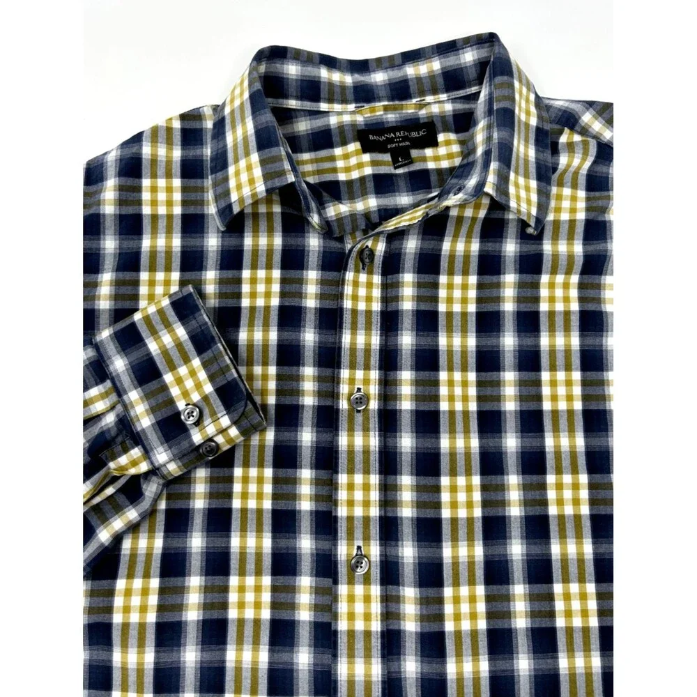 Banana Republic Blue Gold Plaid Long Sleeve Button-Up Cotton Shirt Mens L
